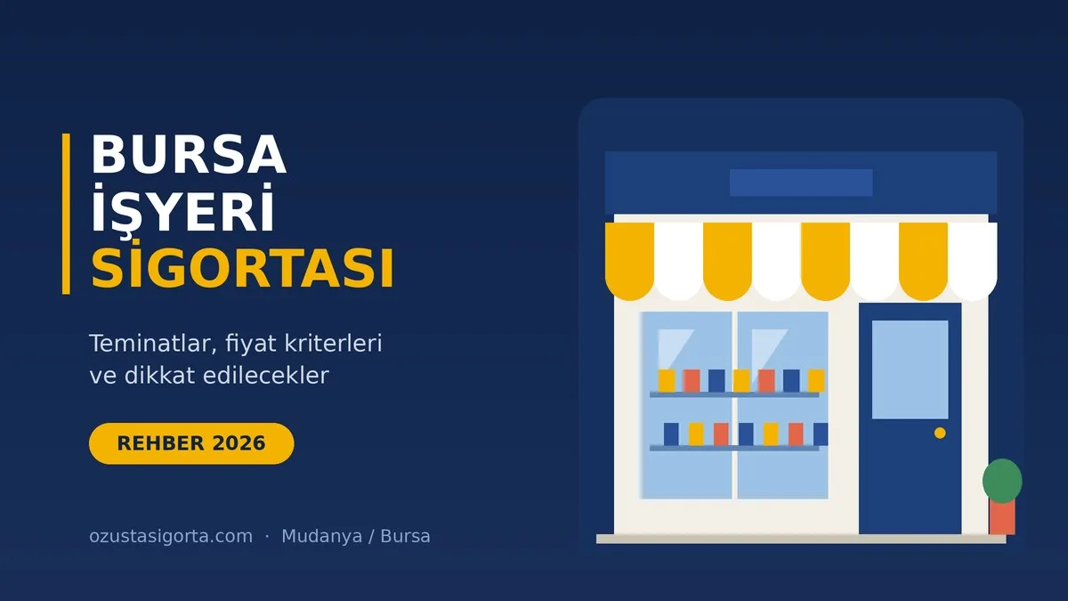 Bursa İşyeri Sigortası Rehberi 2026 kapak görseli: tenteli dükkân cephesi çizimi, Özusta Sigorta Mudanya
